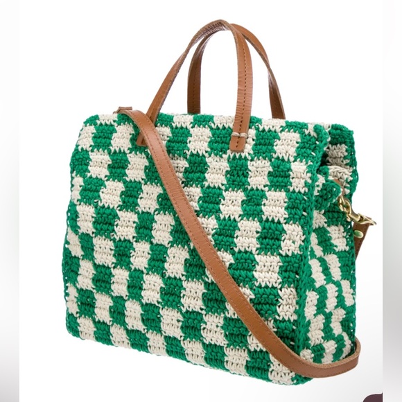 Clare V Petite Summer Simple Tote Crochet Checkers Green/Cream Crossbody - Picture 1 of 10